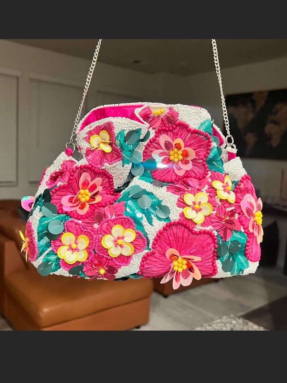 Handcrafted Pink Floral Beaded Mini Bag with Chain Strap